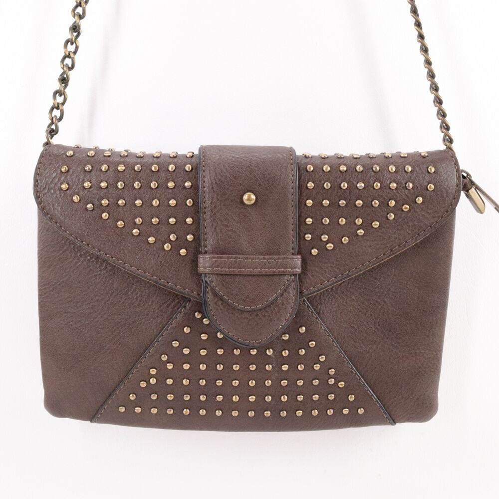 K Carroll Convertible Handbag Small Brown Studs Faux Leather Clutch Envelope Bag